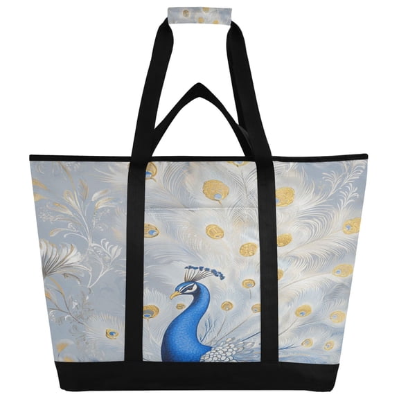 WOBOGO Blue Peacock Tote Cooler Bag Fold Flat Insulated Shopping Bag With Zipper For Work Picnic Beach Use 186.724in