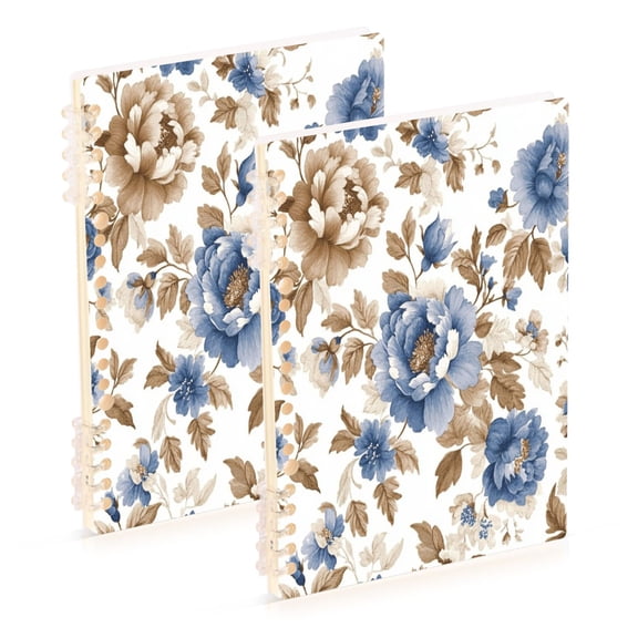 WOBOGO Blue Peonies Dead Leaves Notebook College Horizontal Grid Paper Ink Spill Resistant Water Resistant Cover 8.3x5.7x0.4in