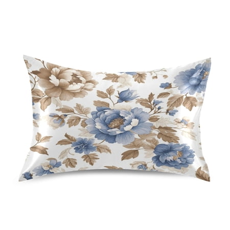 WOBOGO Blue Peonies Dead Leaves Satin Pillowcase Soft Smooth Envelope Design Comfortable Bedding Essentials 20×26in