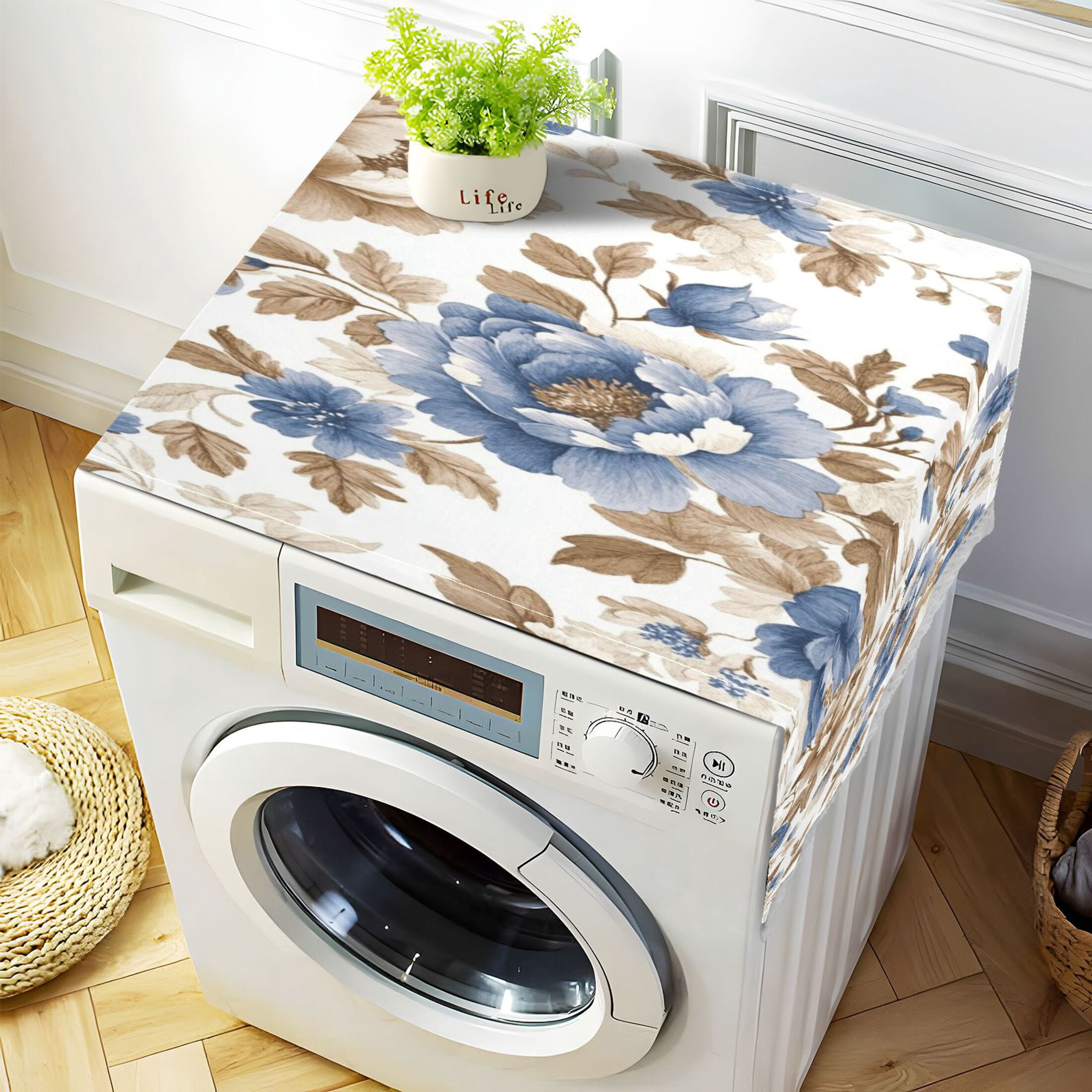 WOBOGO Blue Peonies Dead Leaves Washing Machine Cloth Dryer Refrigerator Top Cover Protective Non-Slip Mat For Kitchen Laundry