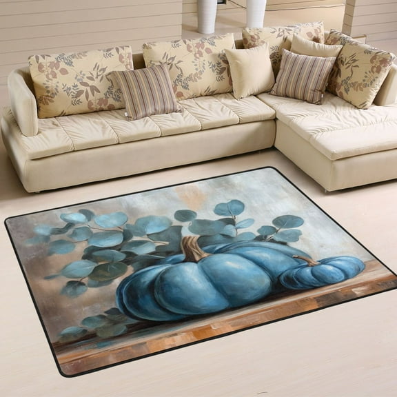 WOBOGO Blue Pumpkin Carpet Non-Slip Rugs Soft Doormat 36×24in Living Dining Room Bedroom Decorative