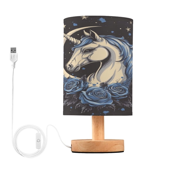 WOBOGO Blue Rose Unicorn Pattern Bedroom Table Lamp USB Power Connector Wooden Base Round Linen Shade For Living Room Desk