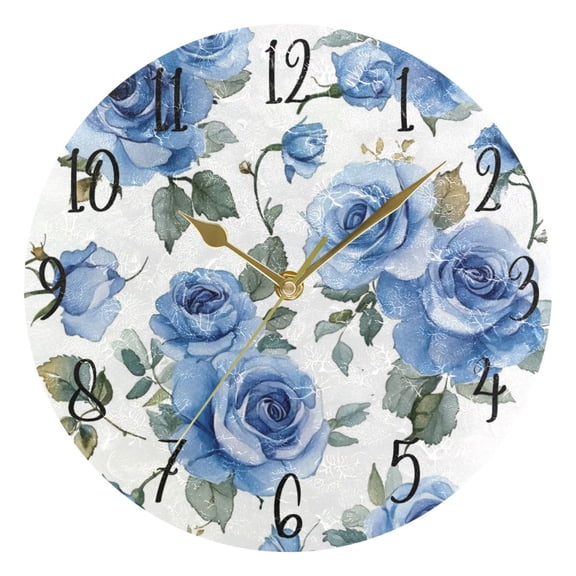 WOBOGO Blue Rose Wall Clock 10in Silent Mechanism Battery Operated Retro Style for Living Room Bedroom and Kitchen Gold Pointer