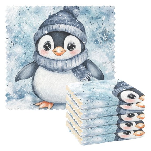 WOBOGO Blue Scarf Penguin Pattern Kitchen Towels 6pcs Ultra Soft Absorbent Quick Drying Dish Cloths 1111inch