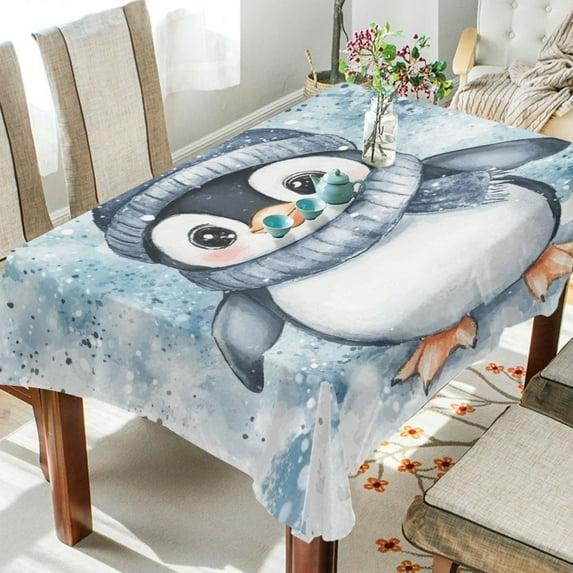 WOBOGO Blue Scarf Penguin Pattern Square Tablecloth 60×60in Polyester Fabric Tablecloth Washable Dust Resistant Wrinkle Resistant
