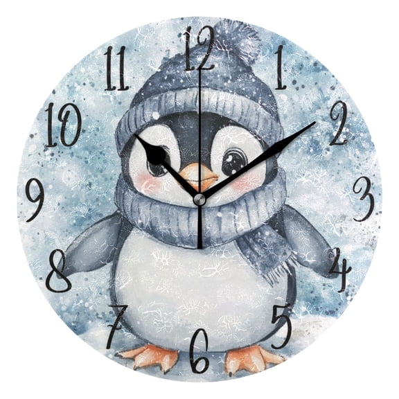 WOBOGO Blue Scarf Penguin Pattern Wall Clock 10in Silent Mechanism Battery Operated Retro Style for Living Room Bedroom and Kitchen Black Pointer