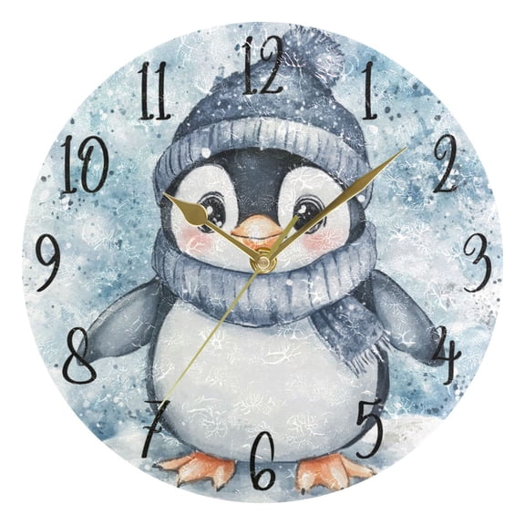 WOBOGO Blue Scarf Penguin Pattern Wall Clock 10in Silent Mechanism Battery Operated Retro Style for Living Room Bedroom and Kitchen Gold Pointer
