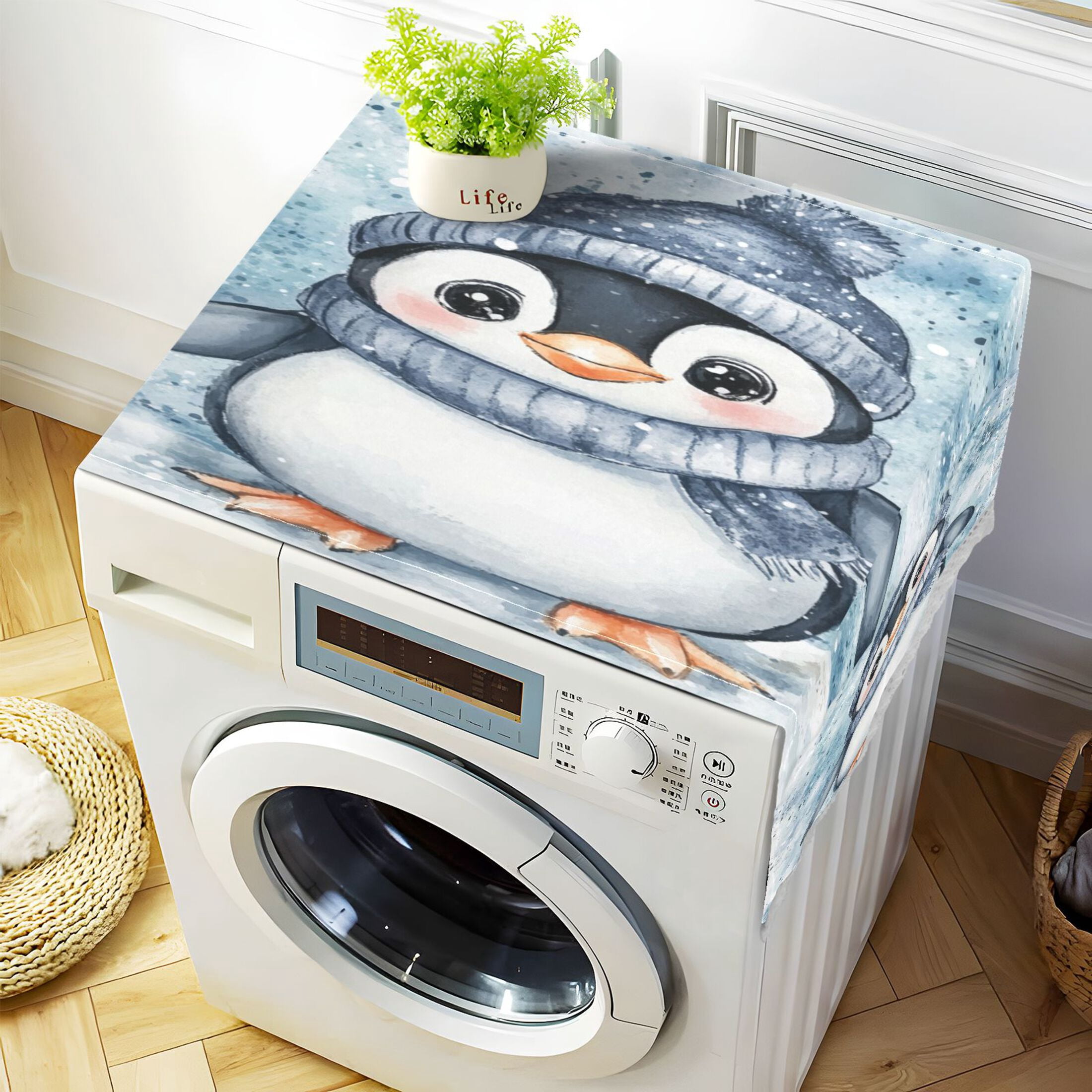 WOBOGO Blue Scarf Penguin Pattern Washing Machine Cloth Dryer Refrigerator Top Cover Protective Non-Slip Mat For Kitchen Laundry