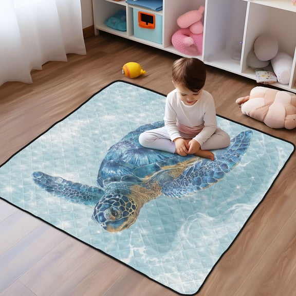 WOBOGO Blue Sea Turtle Baby Playmats Extra Large Waterproof Rollable Activity Pads for Toddlers 5050inch