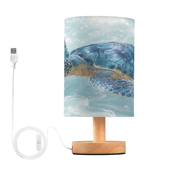 WOBOGO Blue Sea Turtle Bedroom Table Lamp USB Power Connector Wooden Base Round Linen Shade For Living Room Desk