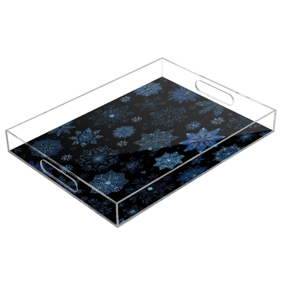 WOBOGO Blue Snowflake Acrylic Serving Trays 15.7x11.8 Inch Spill Proof Clear Decorative Organizer with Handle