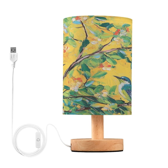WOBOGO Blue Sparrow Bedroom Table Lamp USB Power Connector Wooden Base Round Linen Shade For Living Room Desk