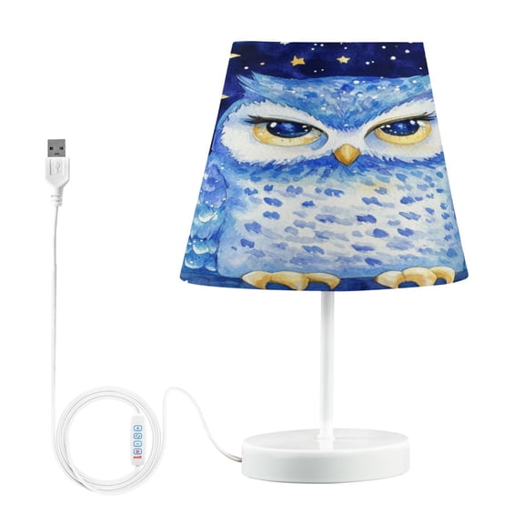 WOBOGO Blue Starry Owl Table Lamps Bedroom 3-Speed Dimmable Farm Style with Fabric Shade for Reading and Home Office
