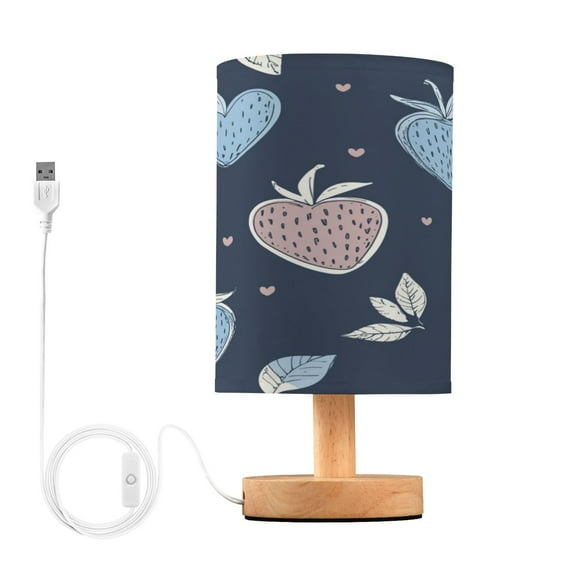 WOBOGO Blue Strawberry Pattern Bedroom Table Lamp USB Power Connector Wooden Base Round Linen Shade For Living Room Desk