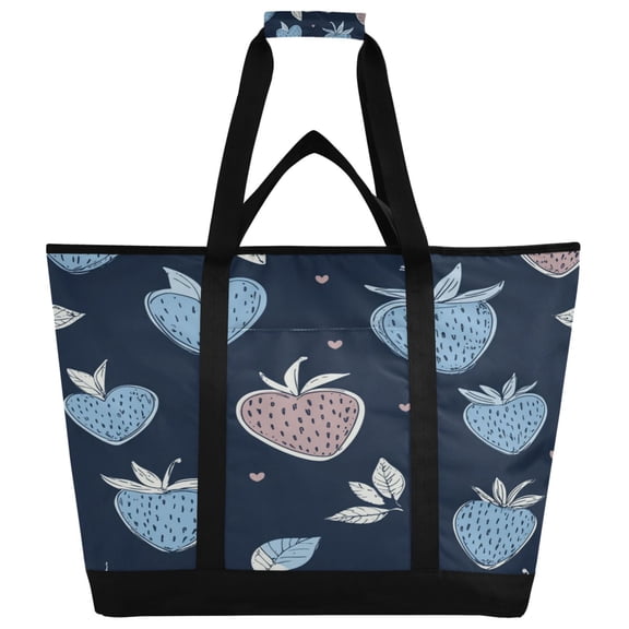 WOBOGO Blue Strawberry Pattern Tote Cooler Bag Fold Flat Insulated Shopping Bag With Zipper For Work Picnic Beach Use 186.724in