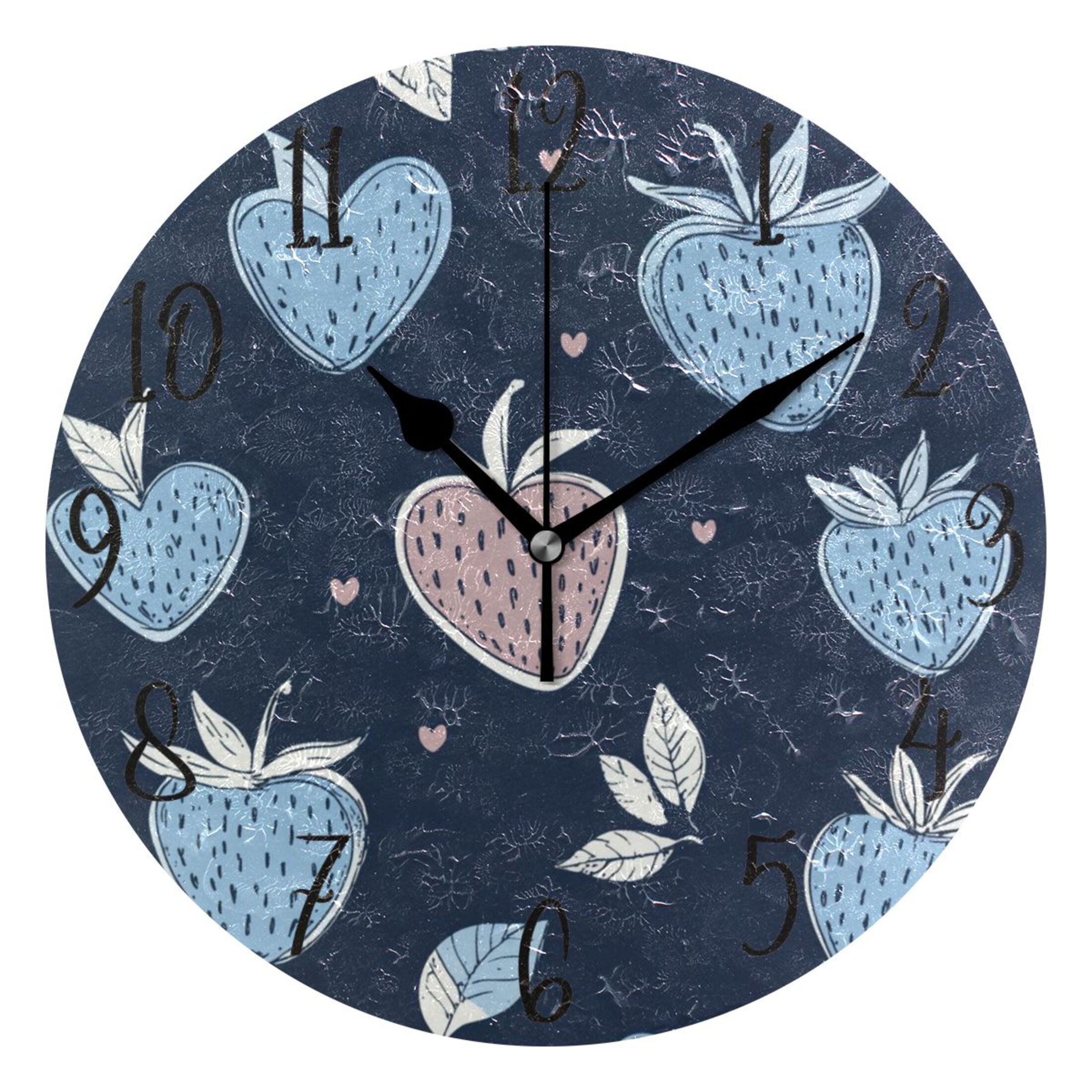 WOBOGO Blue Strawberry Pattern Wall Clock 10in Silent Mechanism Battery ...