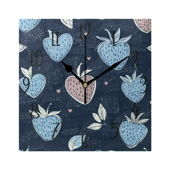 WOBOGO Blue Strawberry Pattern Wall Clock 7.78 Inch Battery Operated Silent Unit Square Rustic Vintage Style for Home Bedroom Office Black Pointer