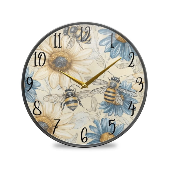 WOBOGO Blue White Flower Bee Pattern Acrylic Wall Clock Battery Operated 11.9in Silent No Tick Bedroom Living Room Office Classroom Decoration