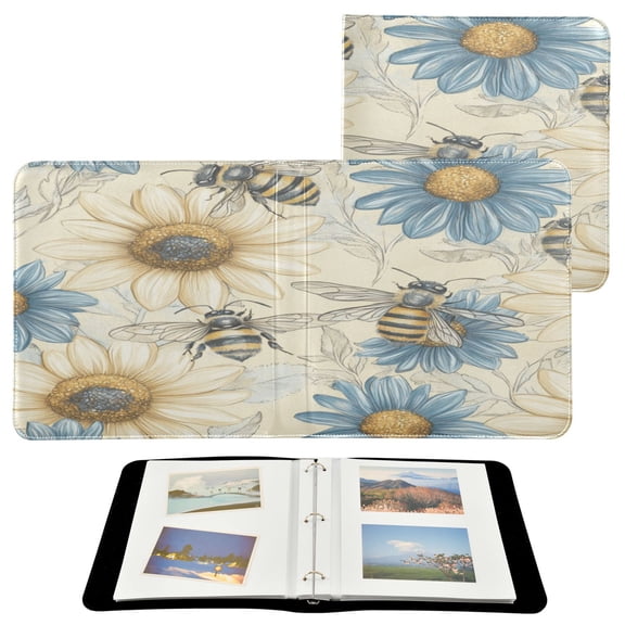 WOBOGO Blue White Flower Bee Pattern Photo Albums 20 Pages Large Capacity DIY Self-adhesive Page PU Leather Cover for Family Wedding Anniversary Baby Vacation Photos 2411.8in