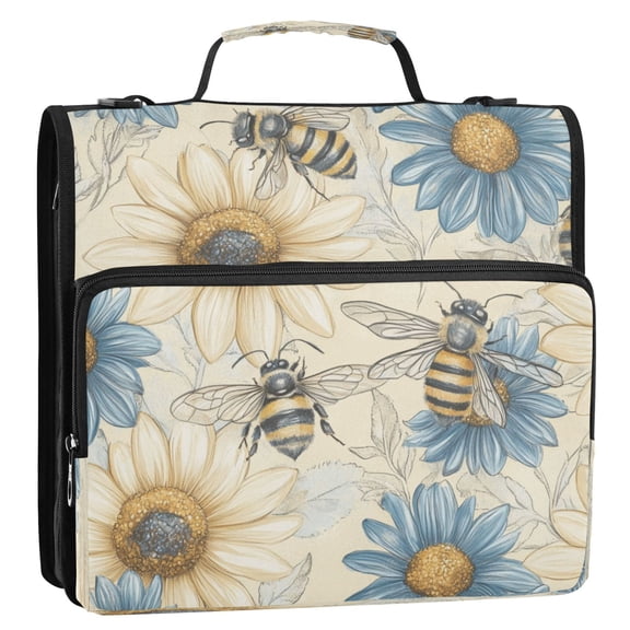 WOBOGO Blue White Flower Bee Pattern Ring Binder Bag 1.5in Folder Organizer with Shoulder Strap for 13Inch Laptop and 500 Sheets of Paper