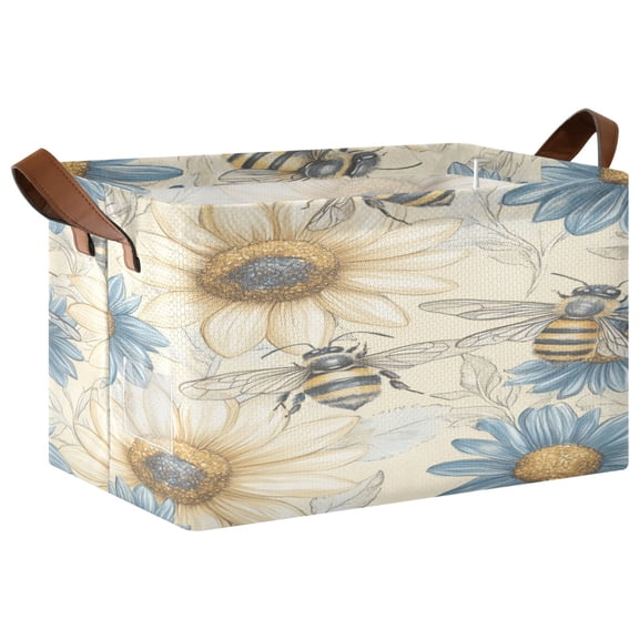 WOBOGO Blue White Flower Bee Pattern Storage Basket 16.9×11.4×10in Collapsible Oversized with Metal Iron Frame Set of 2