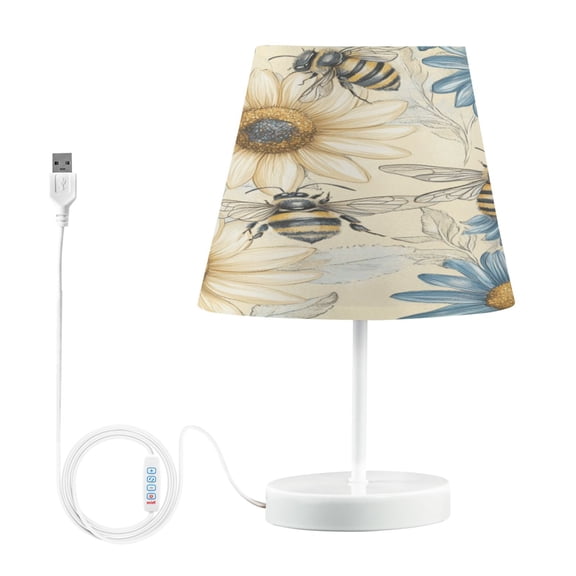 WOBOGO Blue White Flower Bee Pattern Table Lamps Bedroom 3-Speed Dimmable Farm Style with Fabric Shade for Reading and Home Office