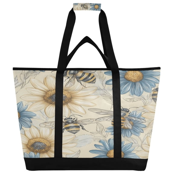 WOBOGO Blue White Flower Bee Pattern Tote Cooler Bag Fold Flat Insulated Shopping Bag With Zipper For Work Picnic Beach Use 186.724in