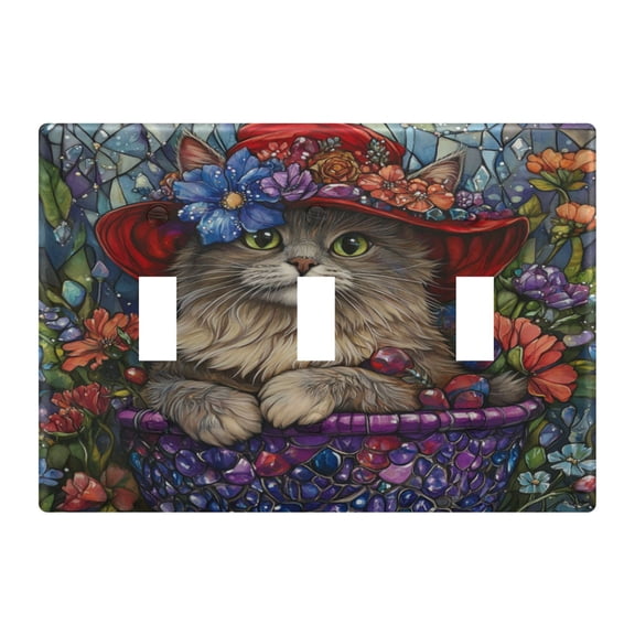WOBOGO Bonneted Kitty 3-hole Switch Plates PC Flame Retardant Plastic Material Glossy Finish Smooth Touch 6.37x4.48x0.27in