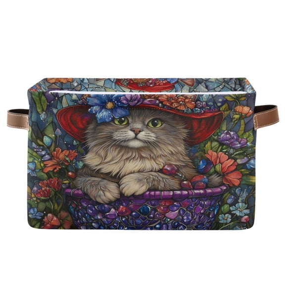 WOBOGO Bonneted Kitty Square Storage Basket with Waterproof Canvas and PE Lining Durable PU Leather Handles 14.2×10.2×8.3in