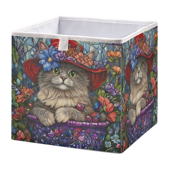 WOBOGO Bonneted Kitty Storage Basket Foldable Easy to Clean Durable with Hollow Support Plate with Handle 15.75×10.63×6.96 in