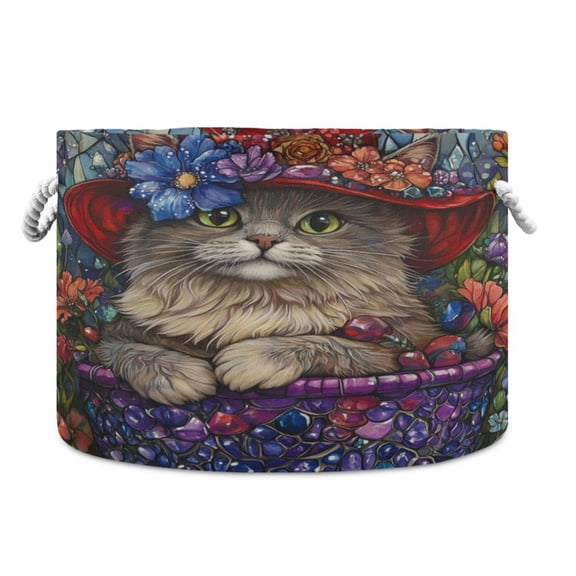 WOBOGO Bonneted Kitty Toy Storage Basket 2014in Canvas Laundry Hamper for Living Room Kids Room Bathroom Organizer