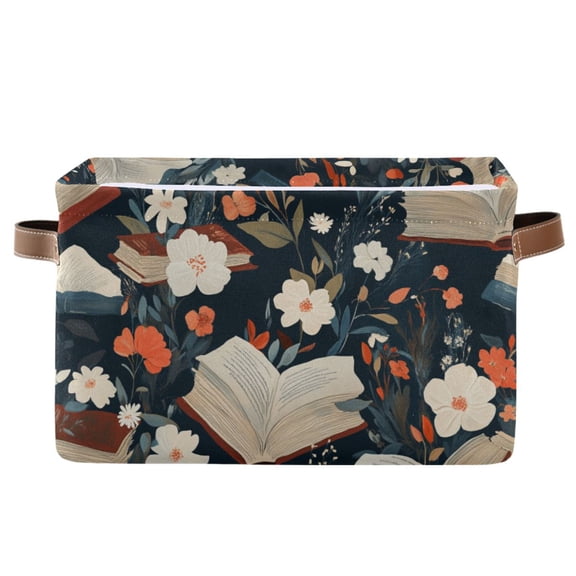 WOBOGO Books and Flowers Collide Square Storage Basket with Waterproof Canvas and PE Lining Durable PU Leather Handles 14.2×10.2×8.3in