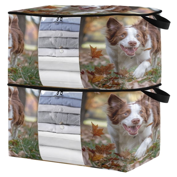 WOBOGO Border Dog Clothes Storage 2Pack Foldable Thick Fabric Blanket Organizer Bag with Handle 21.65×13.78×12.4in