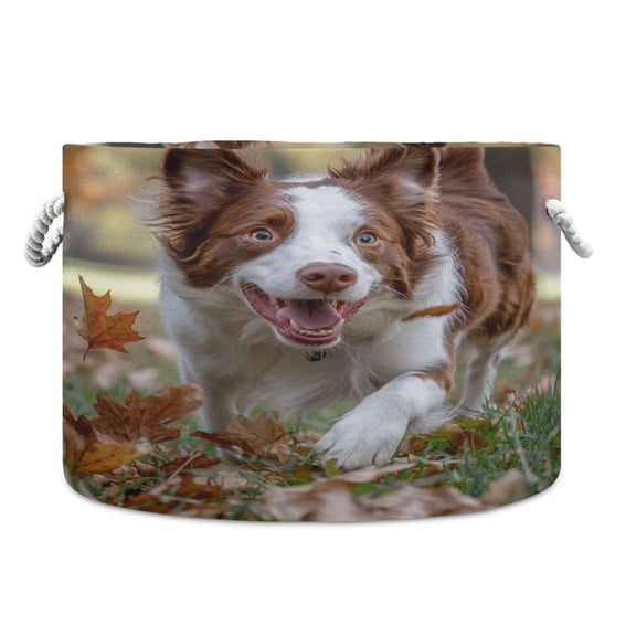 WOBOGO Border Dog Toy Storage Basket 2014in Canvas Laundry Hamper for Living Room Kids Room Bathroom Organizer