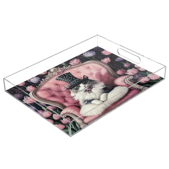 WOBOGO Bowler Hat Ragdoll Cat Acrylic Serving Trays 15.7x11.8 Inch Spill Proof Clear Decorative Organizer with Handle