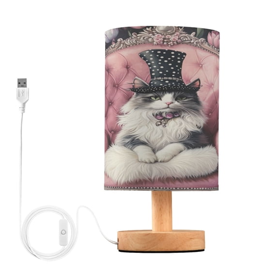WOBOGO Bowler Hat Ragdoll Cat Bedroom Table Lamp USB Power Connector Wooden Base Round Linen Shade For Living Room Desk