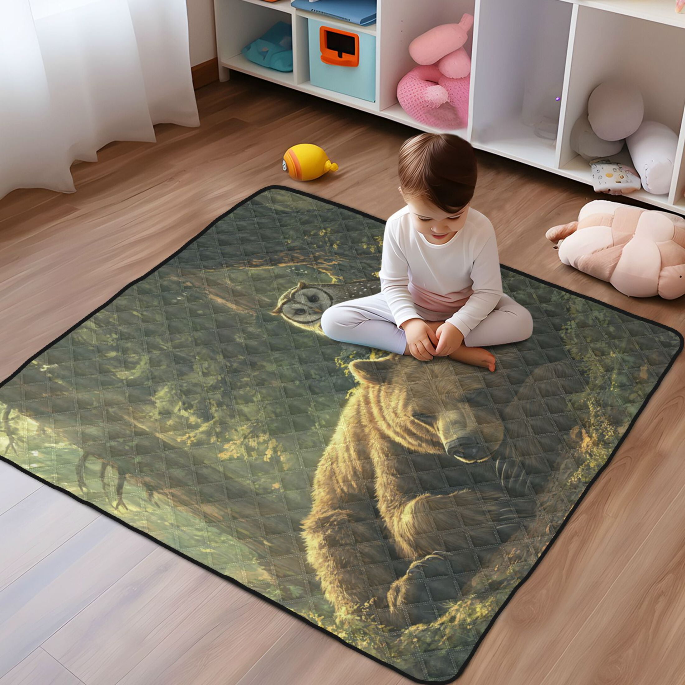 WOBOGO Brown Bear Owl Resting Together Baby Playmats Extra Large Waterproof Rollable Activity Pads for Toddlers 50×50inch
