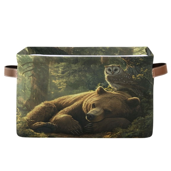 WOBOGO Brown Bear Owl Resting Together Square Storage Basket with Waterproof Canvas and PE Lining Durable PU Leather Handles 14.2×10.2×8.3in