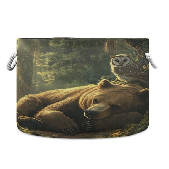 WOBOGO Brown Bear Owl Resting Together Toy Storage Basket 2014in Canvas Laundry Hamper for Living Room Kids Room Bathroom Organizer
