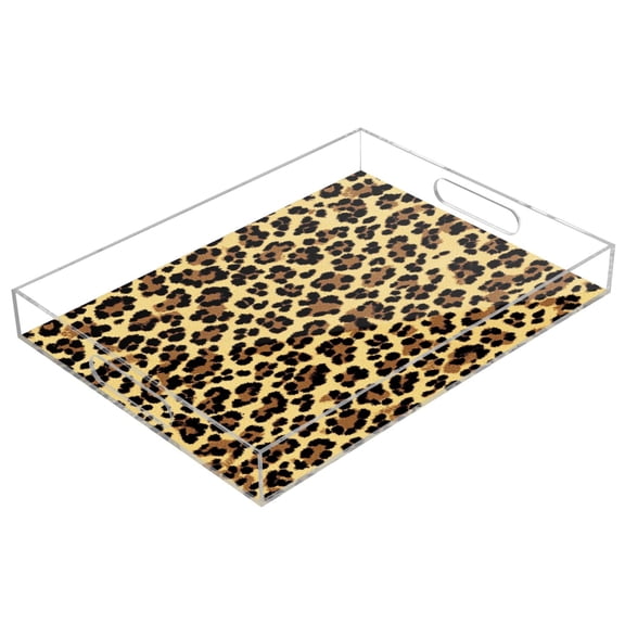 WOBOGO Brown Leopard Acrylic Serving Trays 15.7x11.8 Inch Spill Proof Clear Decorative Organizer with Handle
