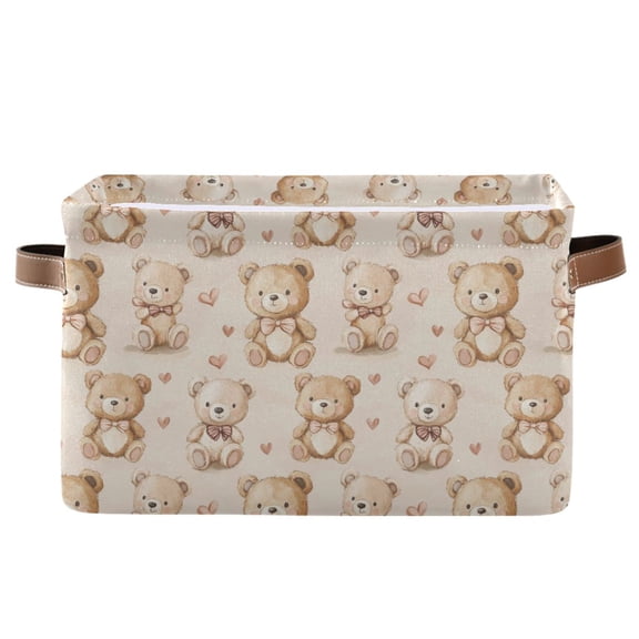 WOBOGO Brown Lovely Teddy Bear Square Storage Basket with Waterproof Canvas and PE Lining Durable PU Leather Handles 14.2×10.2×8.3in