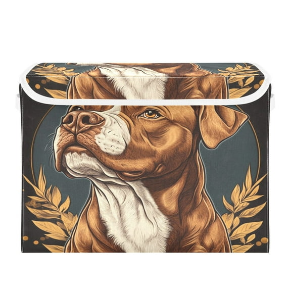 WOBOGO Brown Pit Bull Illustration Large Collapsible Storage Box Flip Lid Fabric Decorative Organizer Container Basket with Handles 16.5×12.6×11.8in