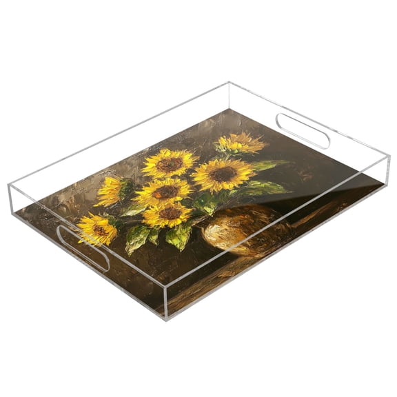 WOBOGO Brown Sunflower Plant Acrylic Serving Trays 15.7x11.8 Inch Spill Proof Clear Decorative Organizer with Handle