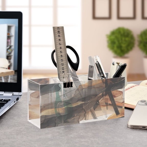 WOBOGO Brown Texture Acrylic Pen Holder 4 Compartments Clear Pencil Organizer Makeup Brush Storage Case