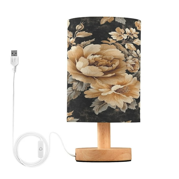 WOBOGO Brown and Beige Flowers Pattern Bedroom Table Lamp USB Power Connector Wooden Base Round Linen Shade For Living Room Desk