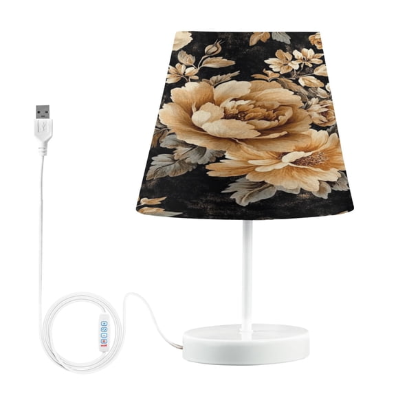 WOBOGO Brown and Beige Flowers Pattern Table Lamps Bedroom 3-Speed Dimmable Farm Style with Fabric Shade for Reading and Home Office