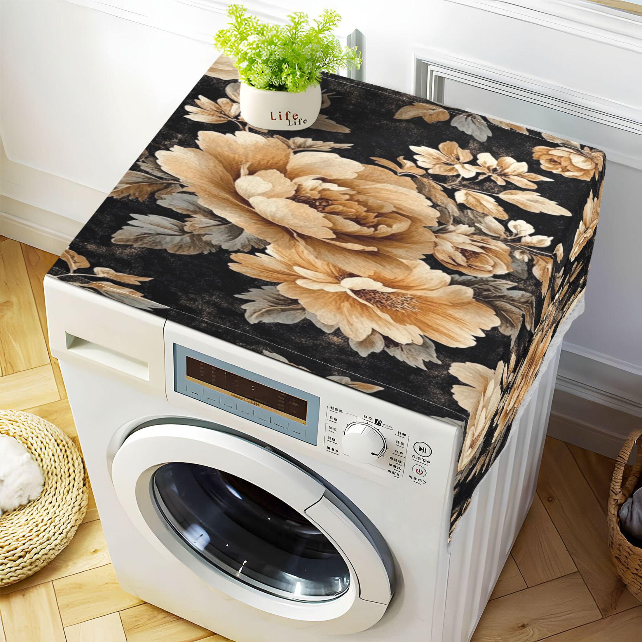 WOBOGO Brown and Beige Flowers Pattern Washing Machine Cloth Dryer Refrigerator Top Cover Protective Non-Slip Mat For Kitchen Laundry
