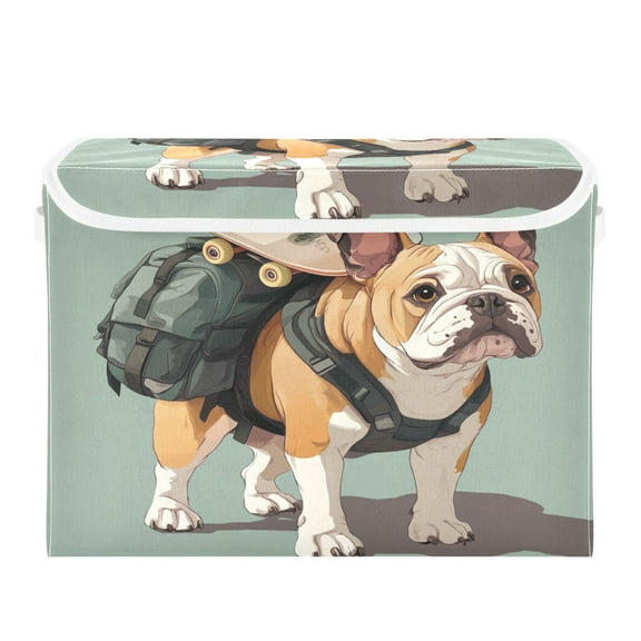 WOBOGO Bulldog Carrying Skateboards Large Collapsible Storage Box Flip Lid Fabric Decorative Organizer Container Basket with Handles 16.512.611.8in