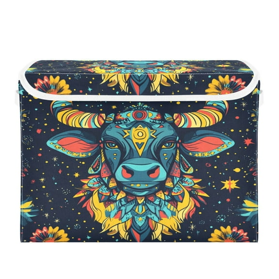 WOBOGO Bullhead Large Collapsible Storage Box Flip Lid Fabric Decorative Organizer Container Basket with Handles 16.512.611.8in