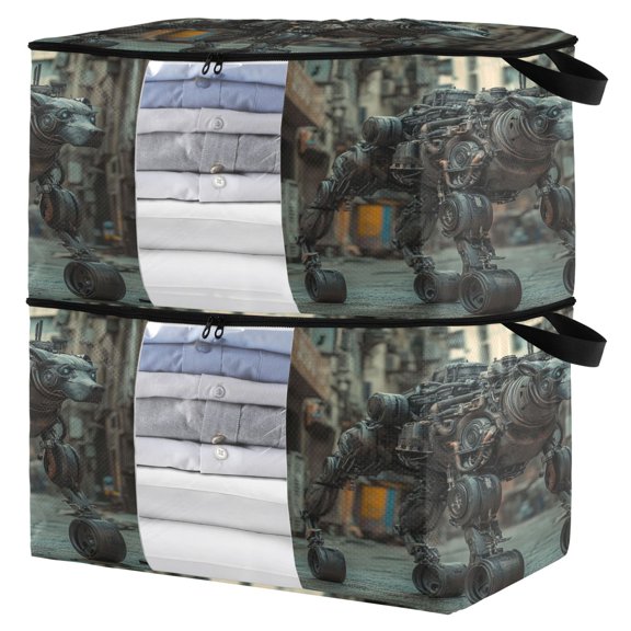 WOBOGO Bully Robot Dog Patterns Clothes Storage 2Pack Foldable Thick Fabric Blanket Organizer Bag with Handle 21.65×13.78×12.4in
